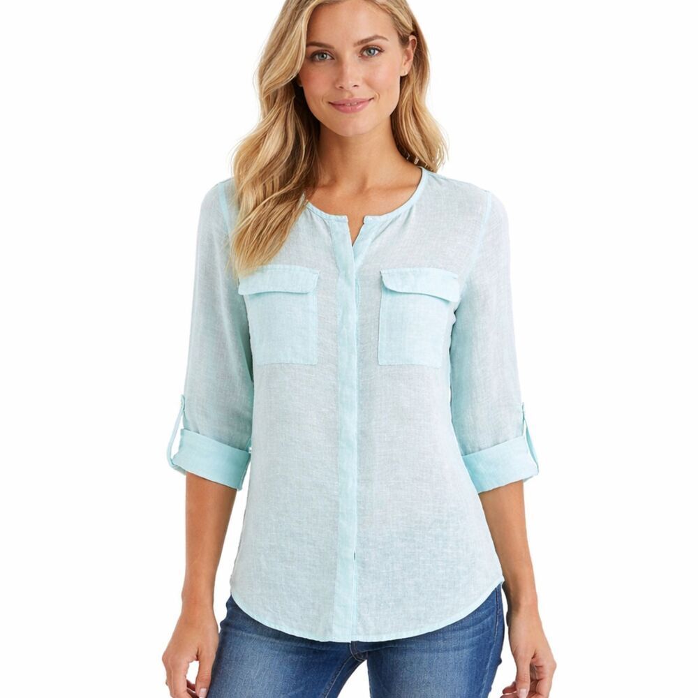 Talbots Blue Linen Roll Tab Tunic Shirt Size MP Long Sleeve